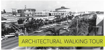 Architectural walking tour flyer with a vintage photo of downtown Coral Gables