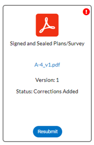 Adobe logo- Signed and Sealed Plans/Survey. Blue button at the bottom says Resubmit