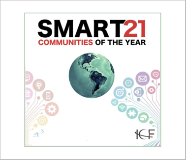 Smart21 award with planet Earth next to internet symbols